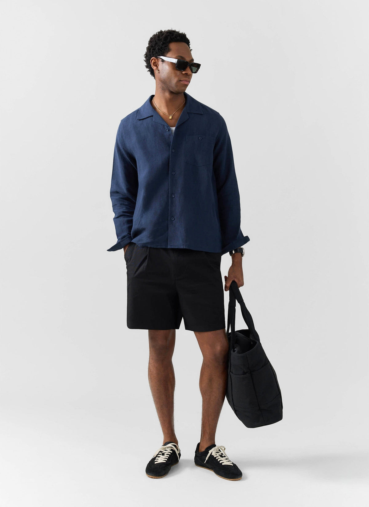 Long Sleeve Cuban Linen Shirt - Navy | Percival Discount