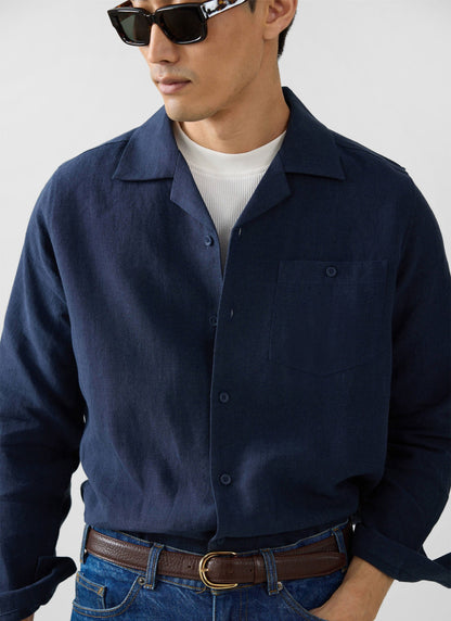 Long Sleeve Cuban Linen Shirt - Navy | Percival Discount