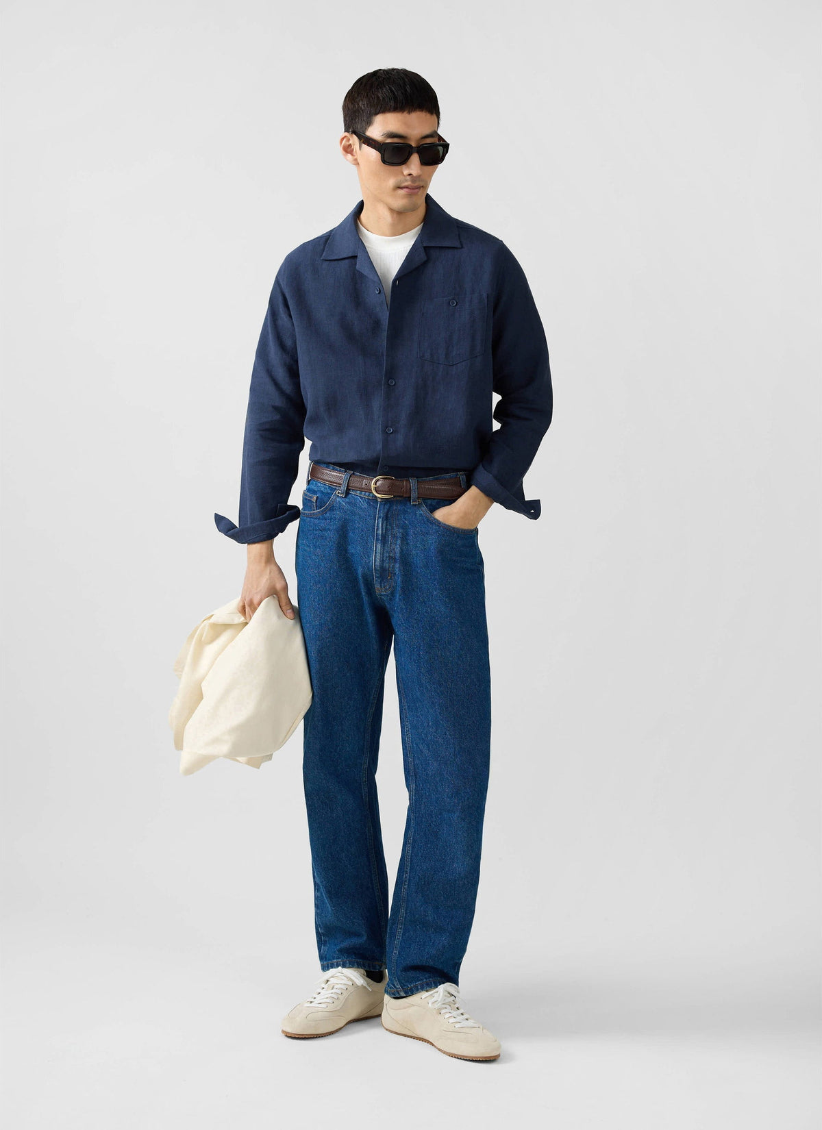 Long Sleeve Cuban Linen Shirt - Navy | Percival Discount