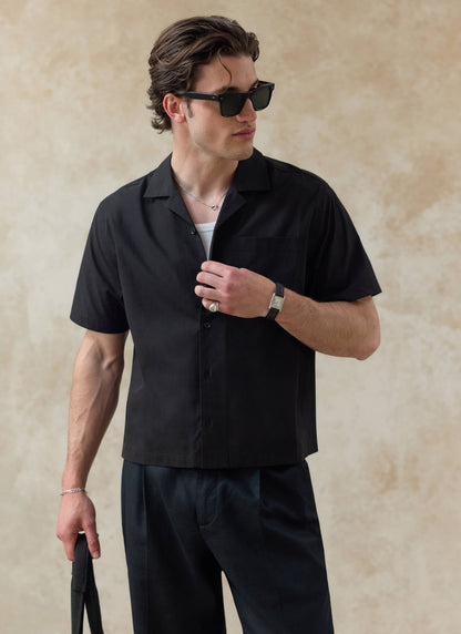 Men's Black Cuban Collar Shirt - Daniel - Cotton | Percival Great Value
