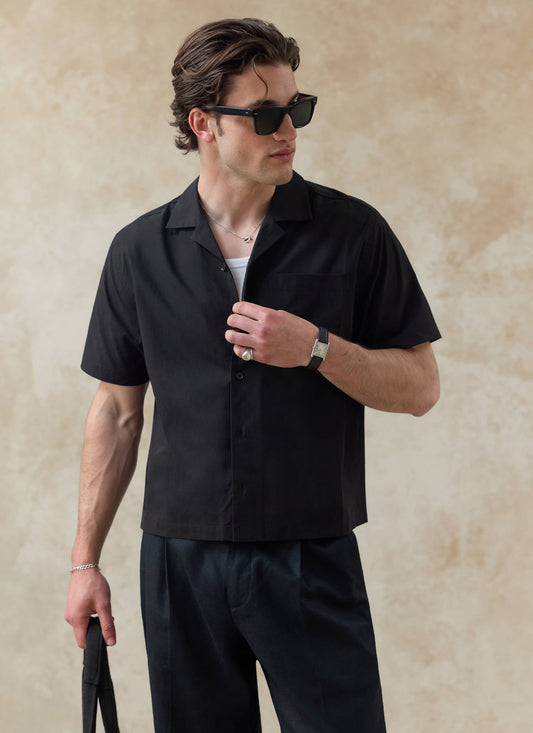 Men's Black Cuban Collar Shirt - Daniel - Cotton | Percival Great Value