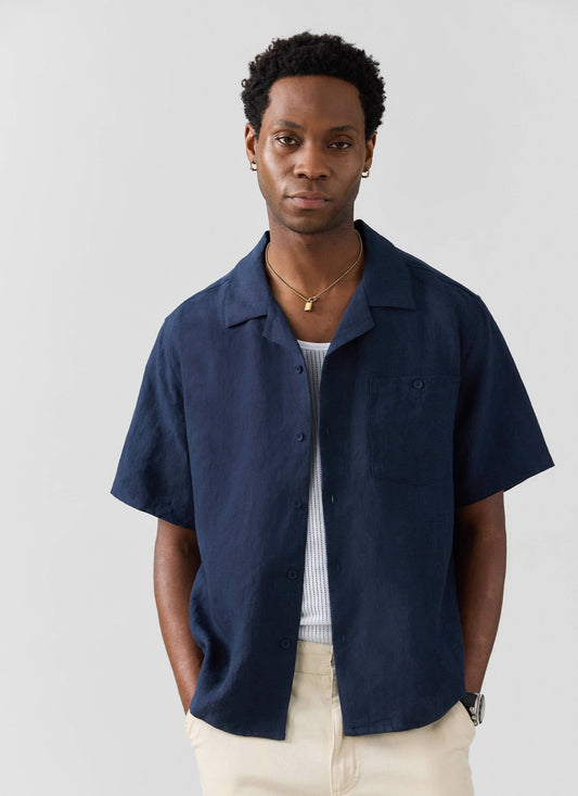 Men's Short Sleeve Cuban Shirt - 100% Linen - Navy Blue | Percival Top Pick