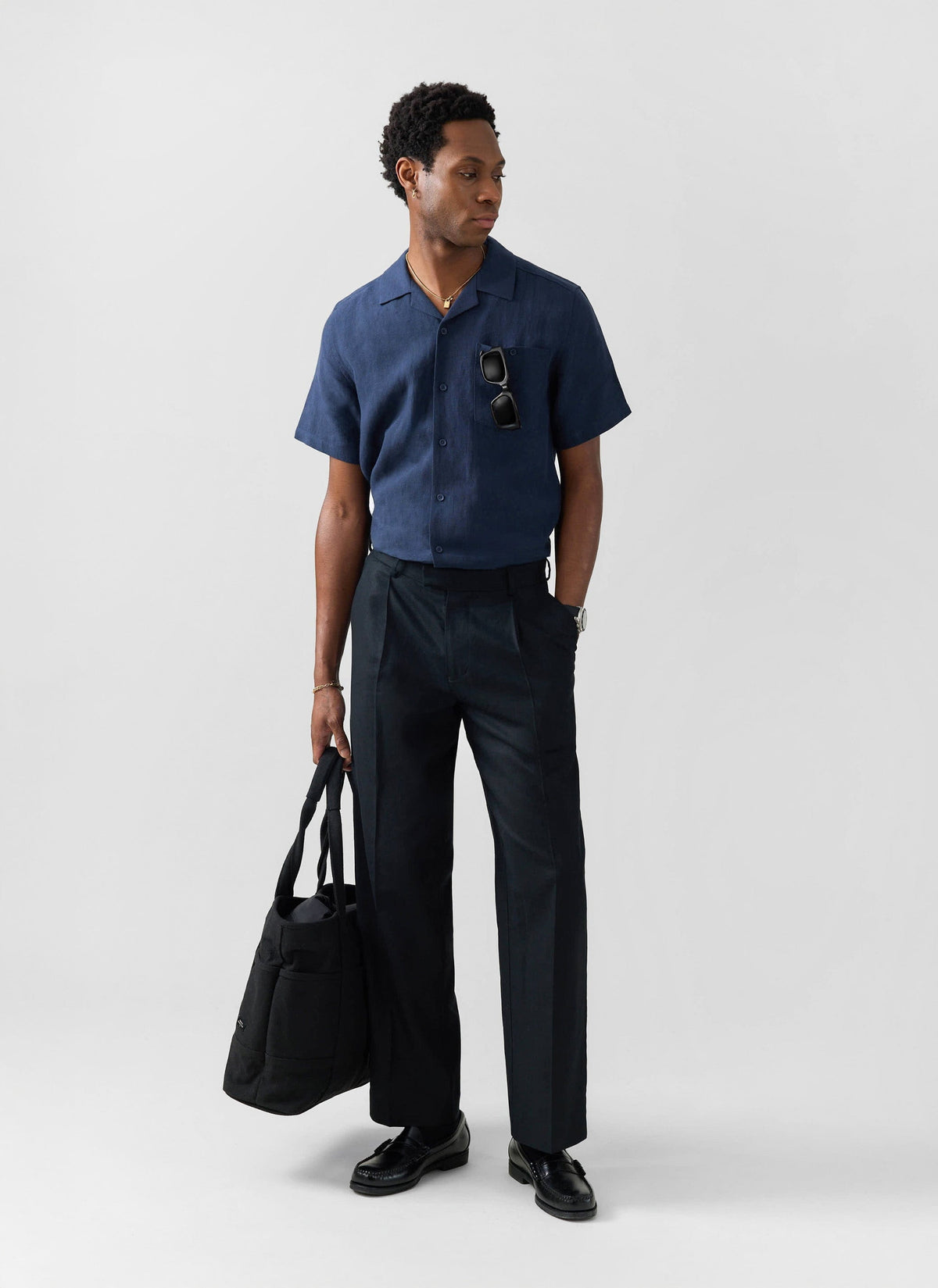 Men's Short Sleeve Cuban Shirt - 100% Linen - Navy Blue | Percival Top Pick