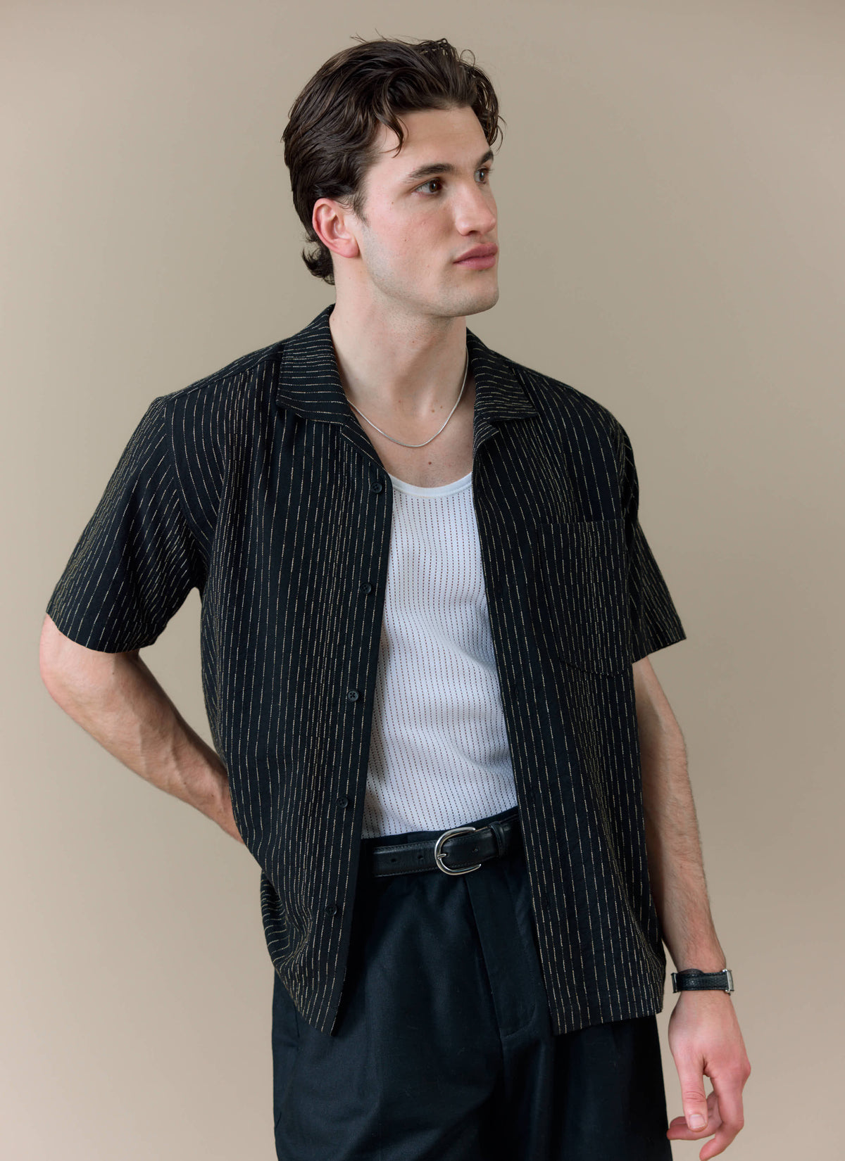 Men's Cuban Collar Shirt: Leland - Black - Cotton | Percival Essential