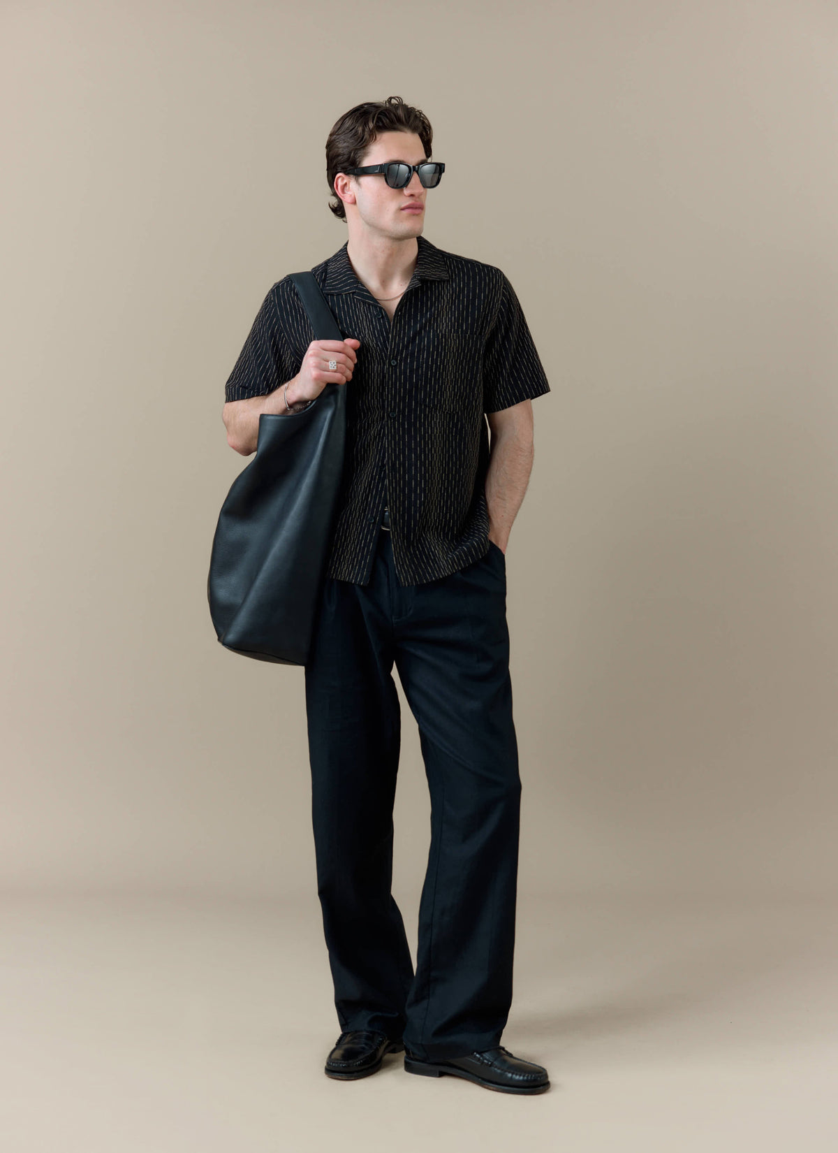 Men's Cuban Collar Shirt: Leland - Black - Cotton | Percival Essential
