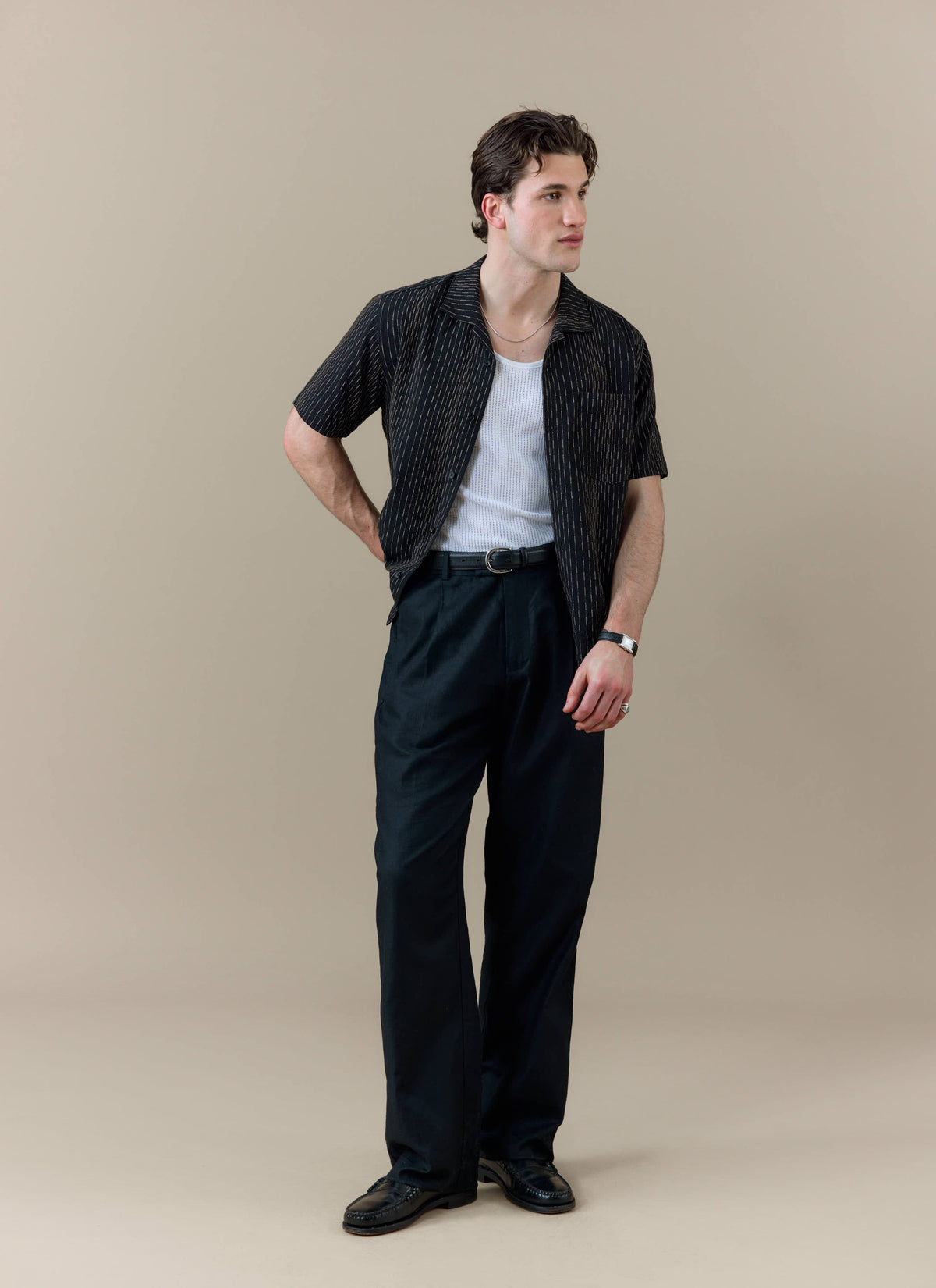 Men's Cuban Collar Shirt: Leland - Black - Cotton | Percival Essential
