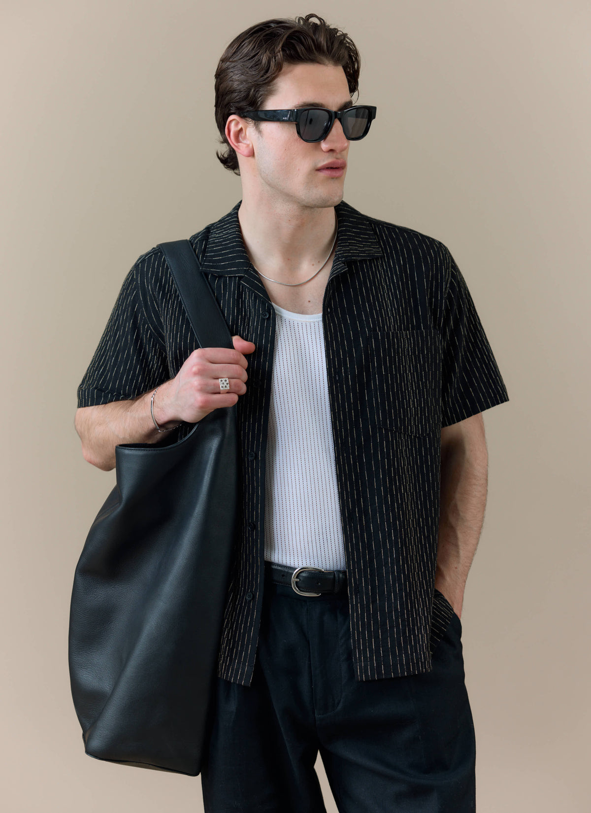 Men's Cuban Collar Shirt: Leland - Black - Cotton | Percival Essential