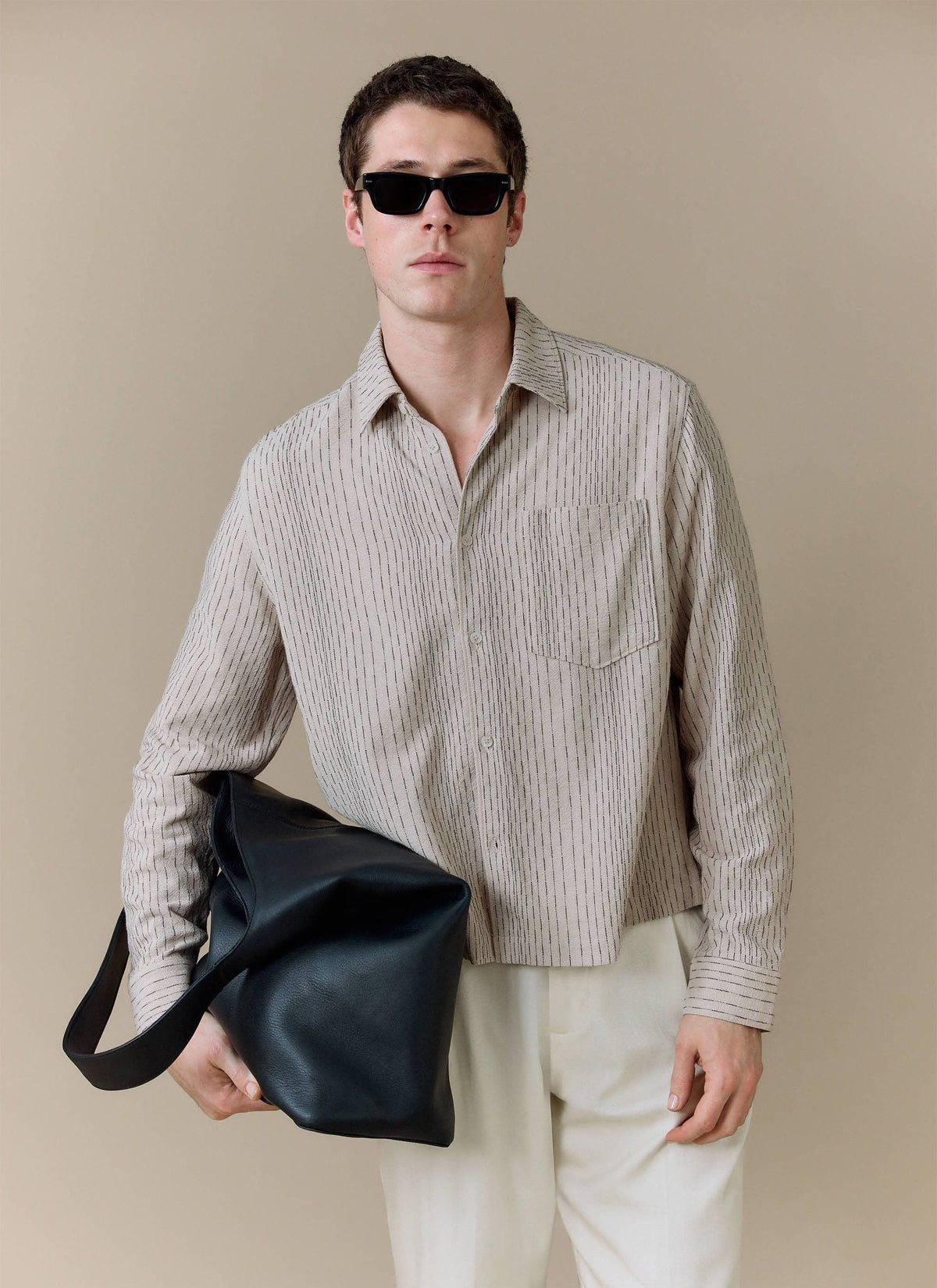 Men's Leland Cuban Boxy Long Sleeve Shirt - Cotton - Ecru | Percival Deals