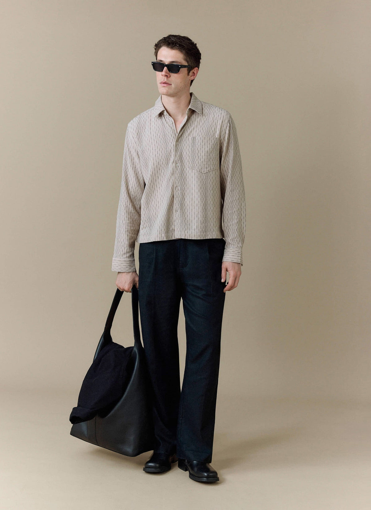 Men's Leland Cuban Boxy Long Sleeve Shirt - Cotton - Ecru | Percival Deals