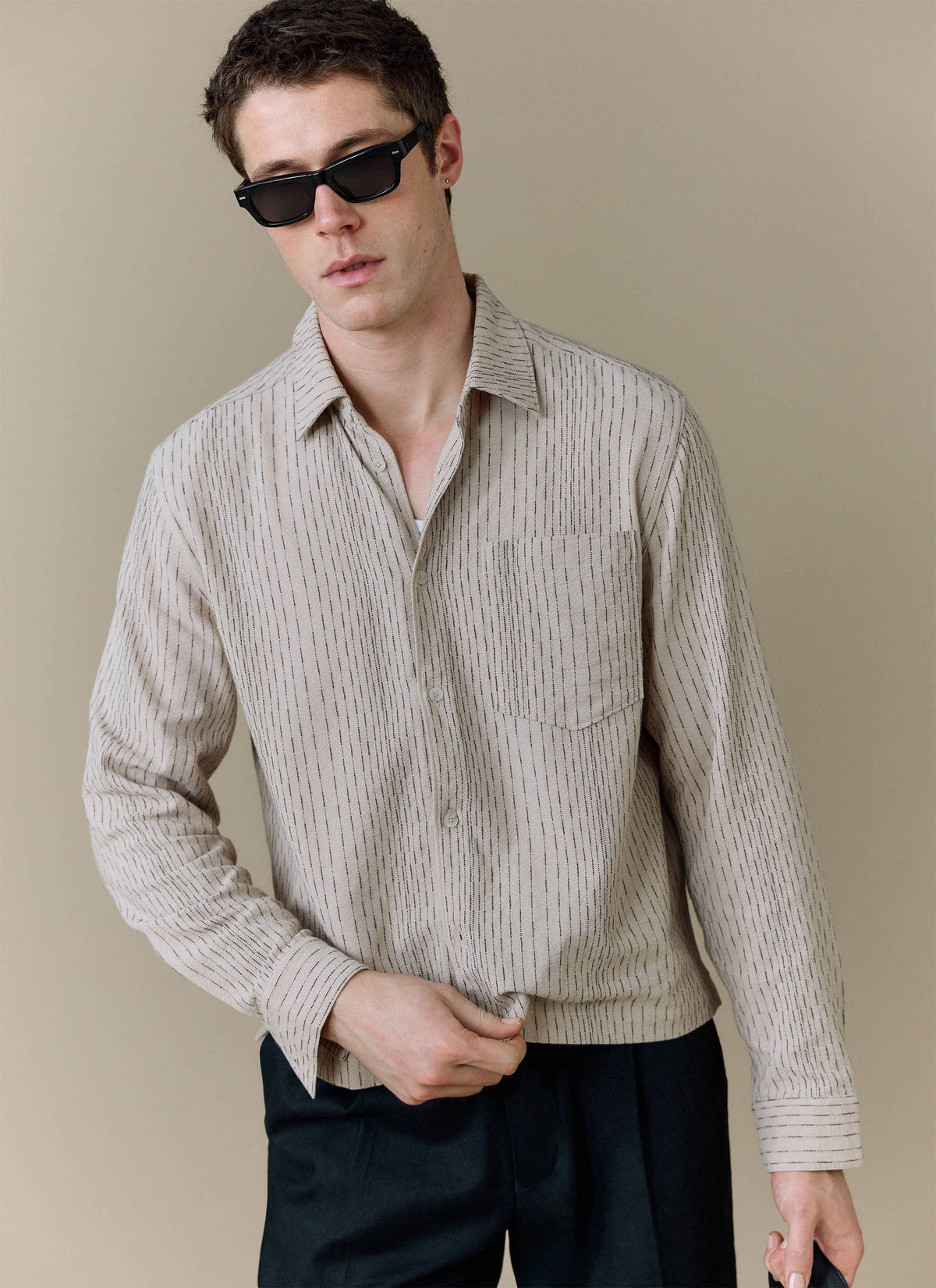 Men's Leland Cuban Boxy Long Sleeve Shirt - Cotton - Ecru | Percival Deals