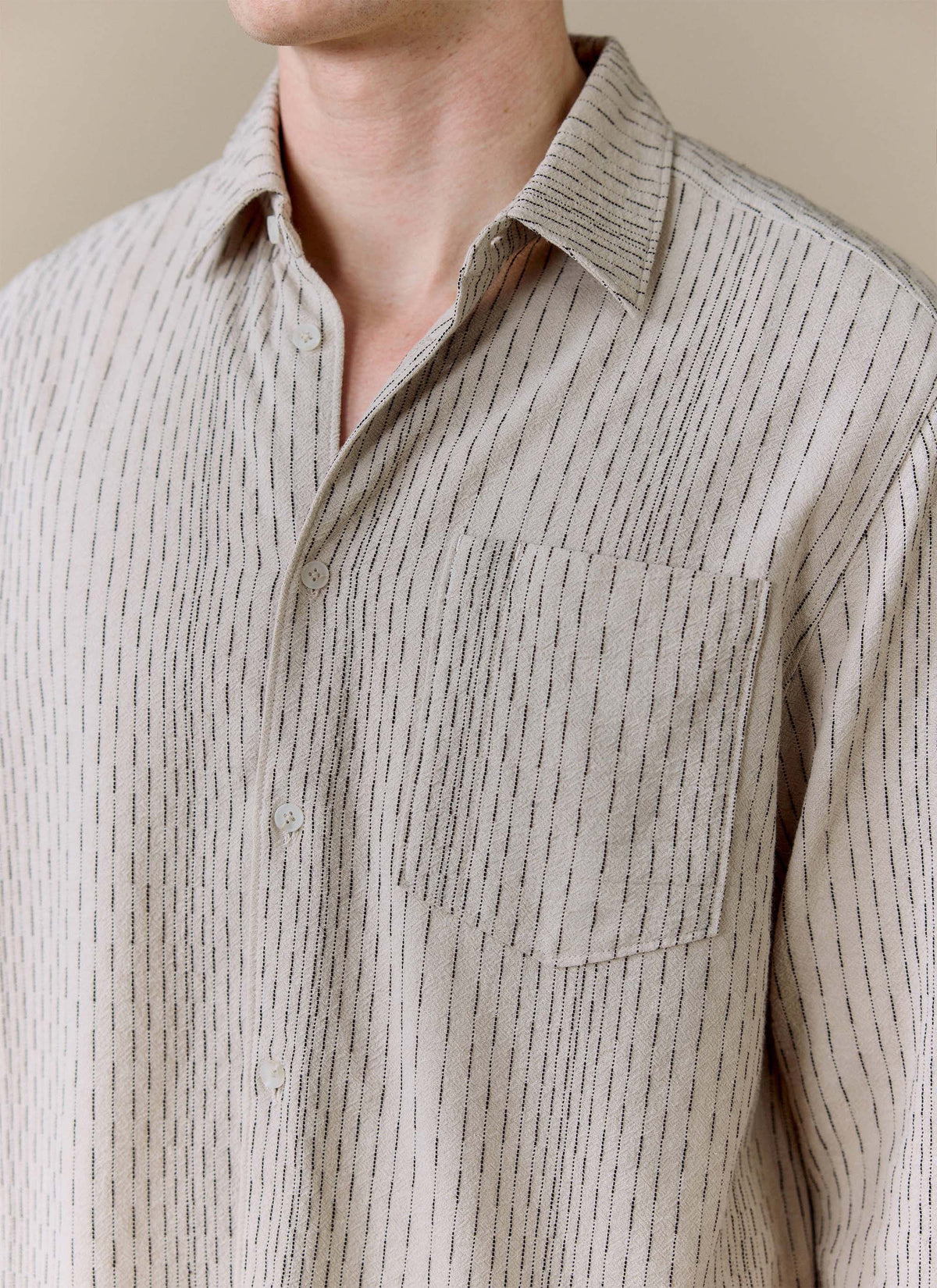 Men's Leland Cuban Boxy Long Sleeve Shirt - Cotton - Ecru | Percival Deals