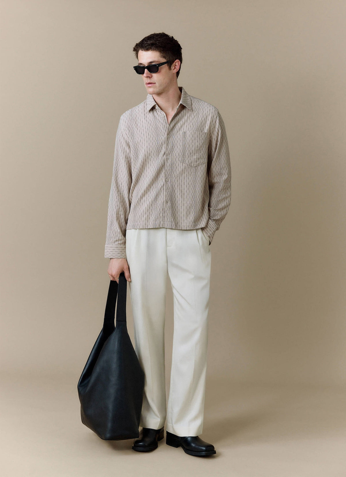 Men's Leland Cuban Boxy Long Sleeve Shirt - Cotton - Ecru | Percival Deals