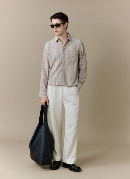 Men's Leland Cuban Boxy Long Sleeve Shirt - Cotton - Ecru | Percival Deals