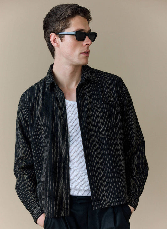 Men's Long Sleeve Boxy Shirt - Leland - Cotton - Black | Percival Smart Buy