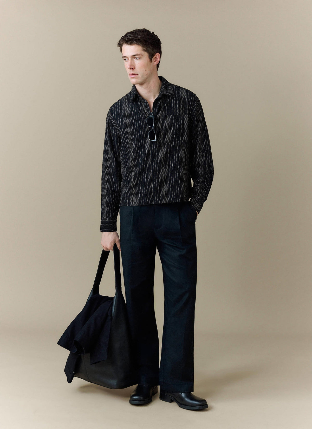 Men's Long Sleeve Boxy Shirt - Leland - Cotton - Black | Percival Smart Buy