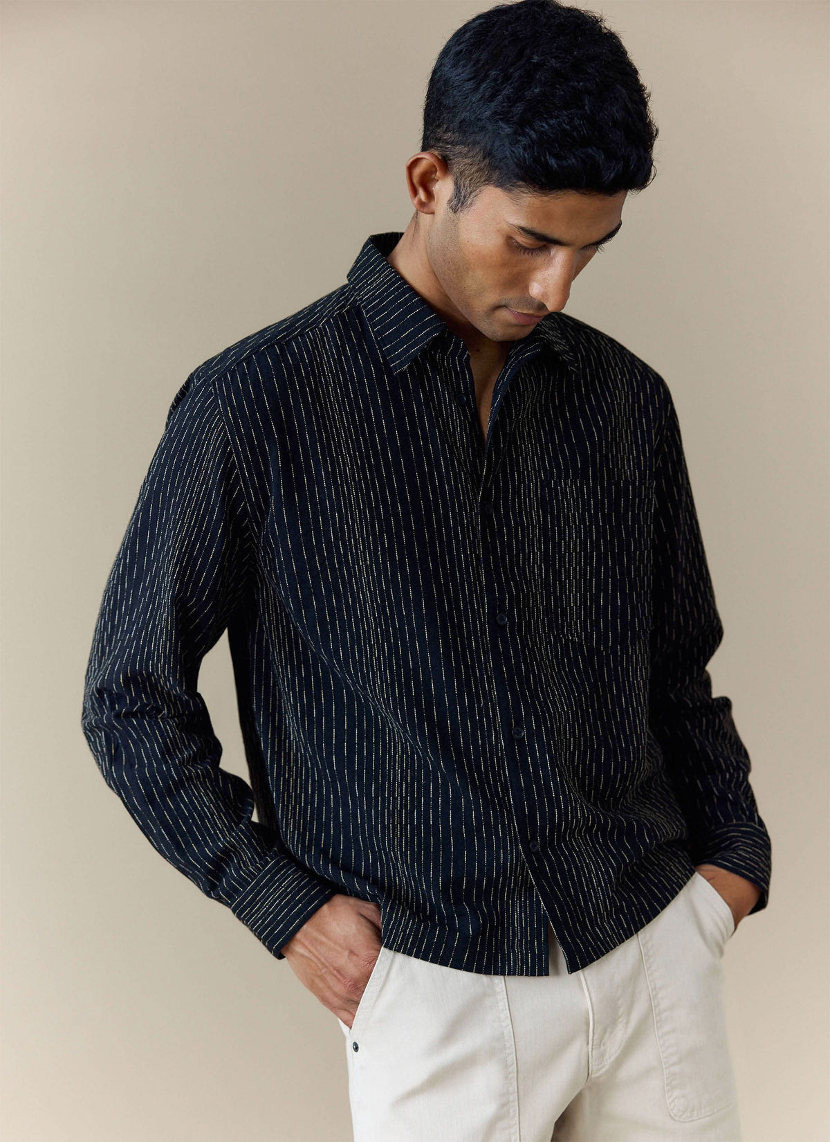 Men's Long Sleeve Boxy Shirt - Leland - Cotton - Black | Percival Smart Buy