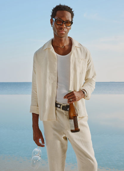 Men's Long Sleeve Cuban Shirt - 100% Linen - Cream | Percival Quality
