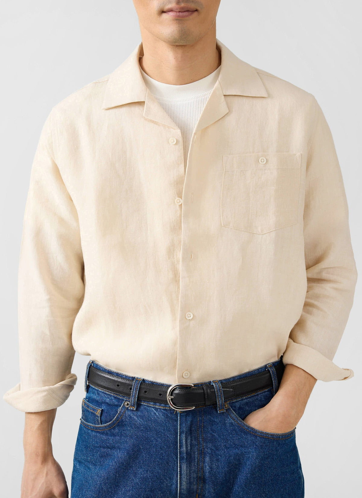 Men's Long Sleeve Cuban Shirt - 100% Linen - Cream | Percival Quality