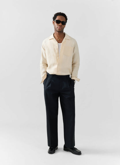 Men's Long Sleeve Cuban Shirt - 100% Linen - Cream | Percival Quality