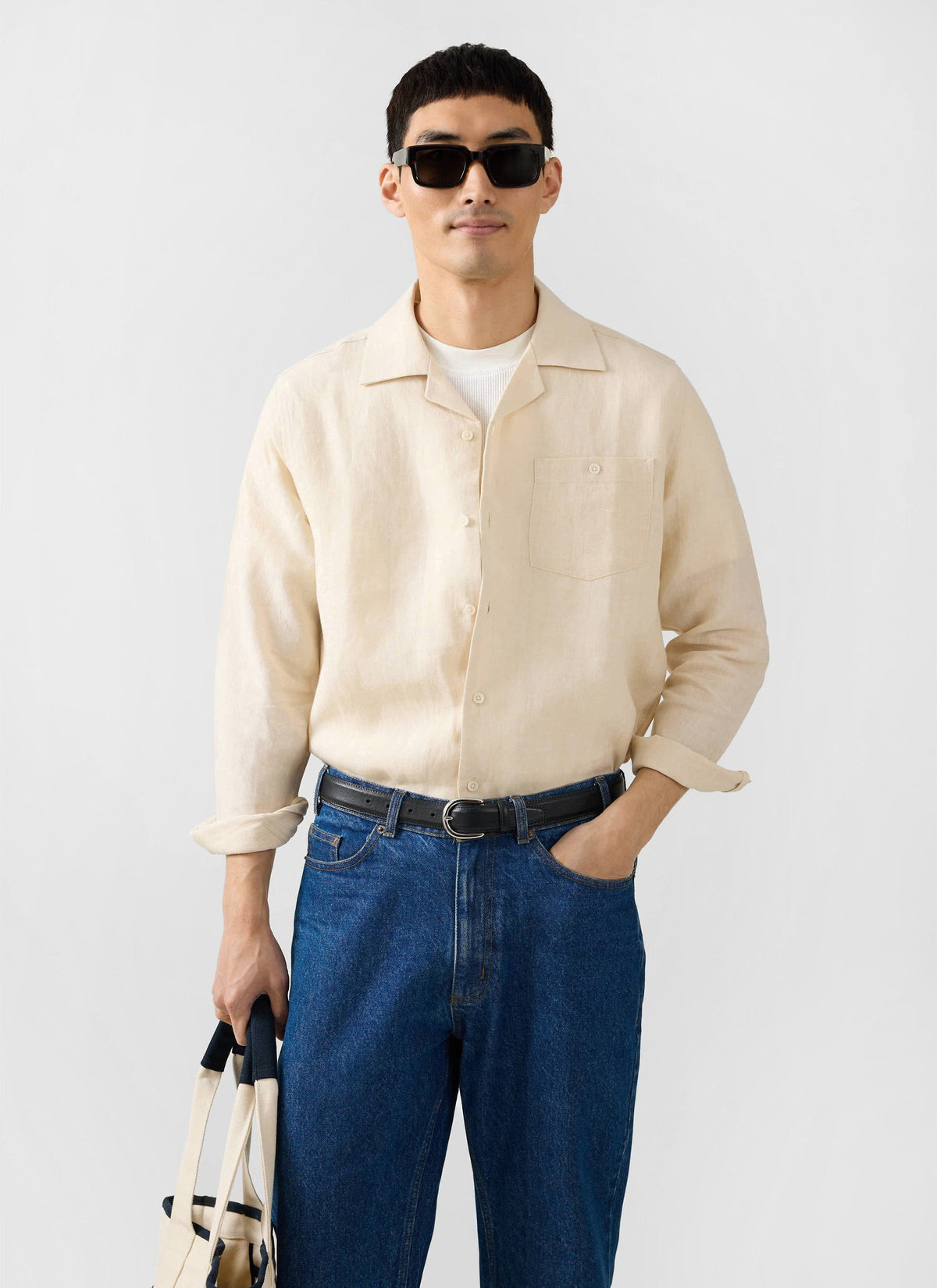 Men's Long Sleeve Cuban Shirt - 100% Linen - Cream | Percival Quality