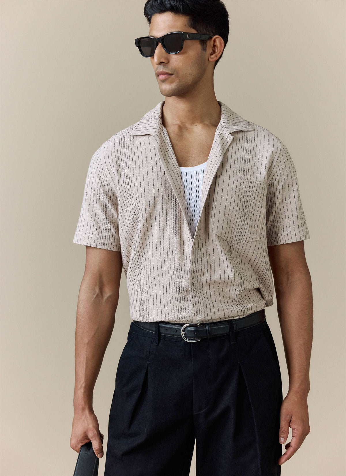 Men's Cuban Collar Shirt: Leland - Cream - Cotton | Percival Hot Sale