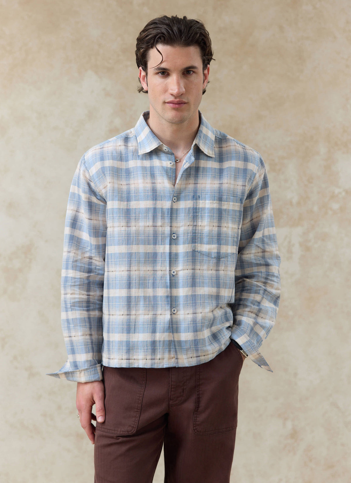 Men's Check Shirt - Jesse - Linen Blend - Light Blue | Percival Best Price