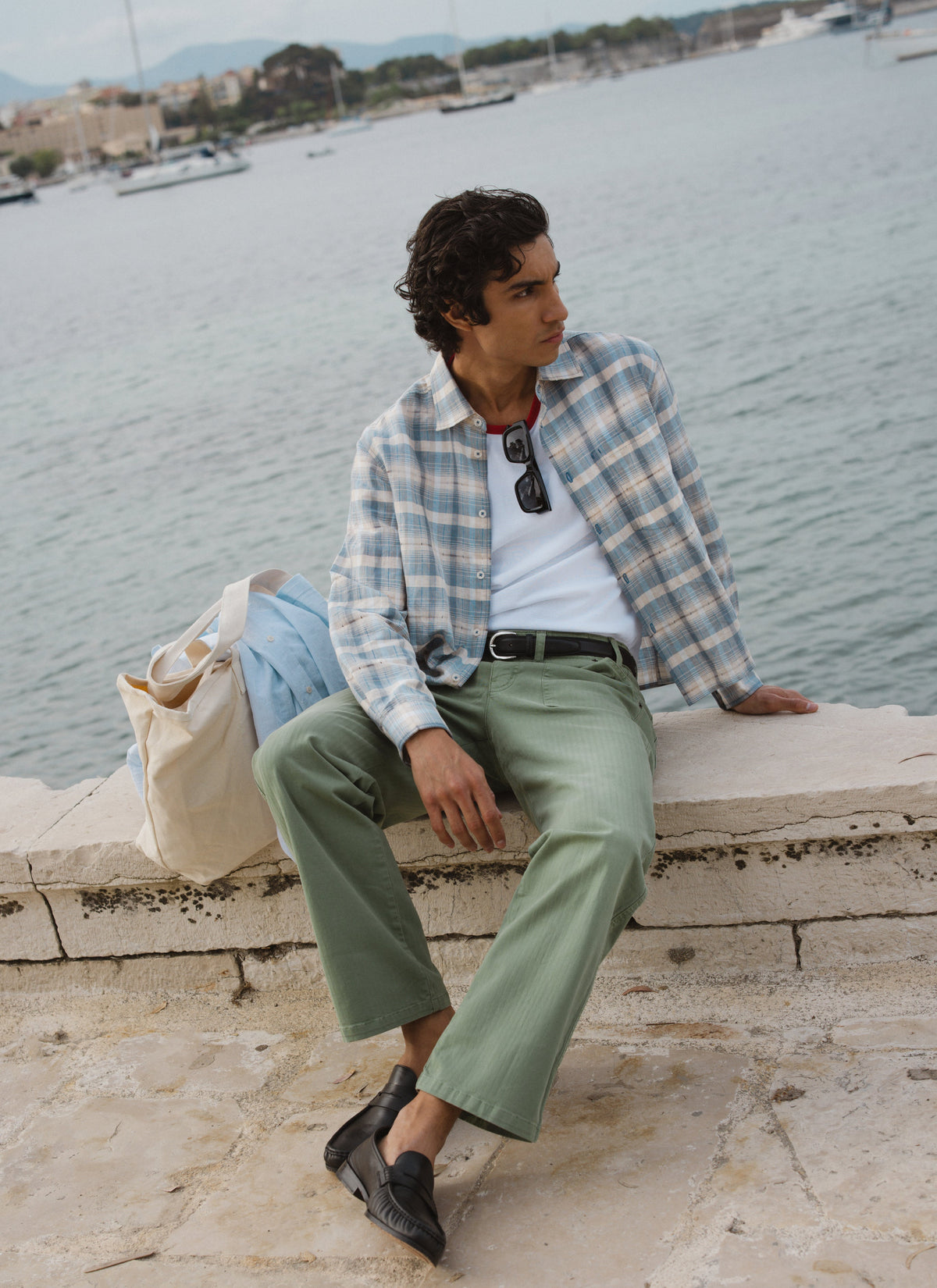 Men's Check Shirt - Jesse - Linen Blend - Light Blue | Percival Best Price