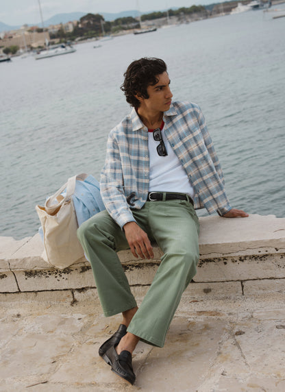 Men's Check Shirt - Jesse - Linen Blend - Light Blue | Percival Best Price