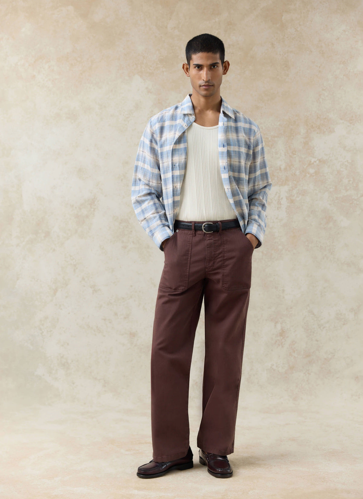 Men's Check Shirt - Jesse - Linen Blend - Light Blue | Percival Best Price