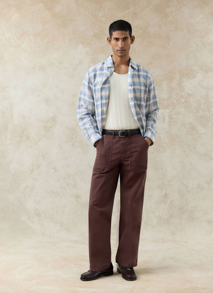 Men's Check Shirt - Jesse - Linen Blend - Light Blue | Percival Best Price