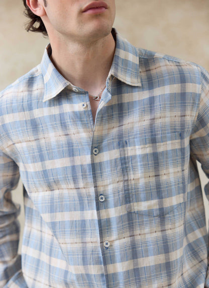 Men's Check Shirt - Jesse - Linen Blend - Light Blue | Percival Best Price
