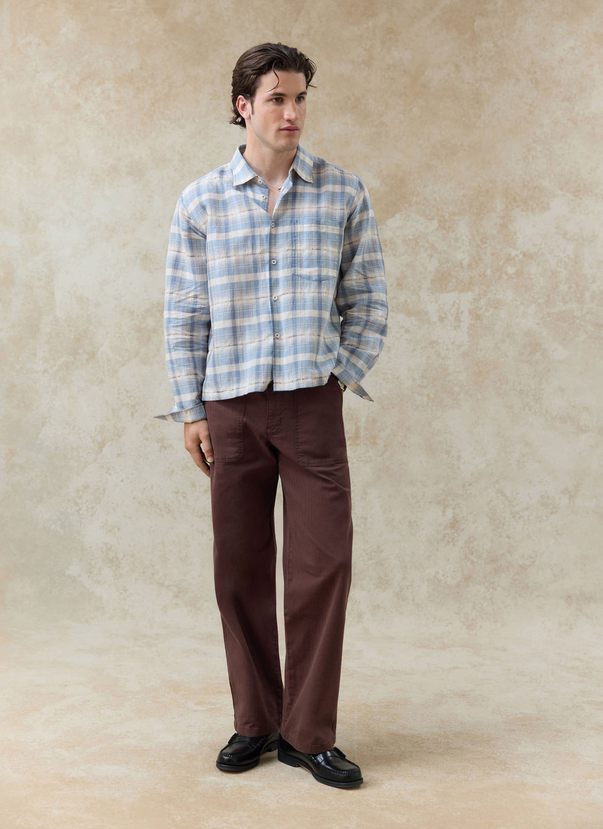 Men's Check Shirt - Jesse - Linen Blend - Light Blue | Percival Best Price