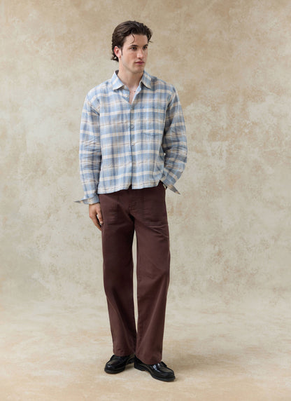 Men's Check Shirt - Jesse - Linen Blend - Light Blue | Percival Best Price