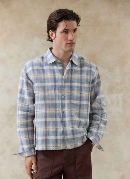 Men's Check Shirt - Jesse - Linen Blend - Light Blue | Percival Best Price