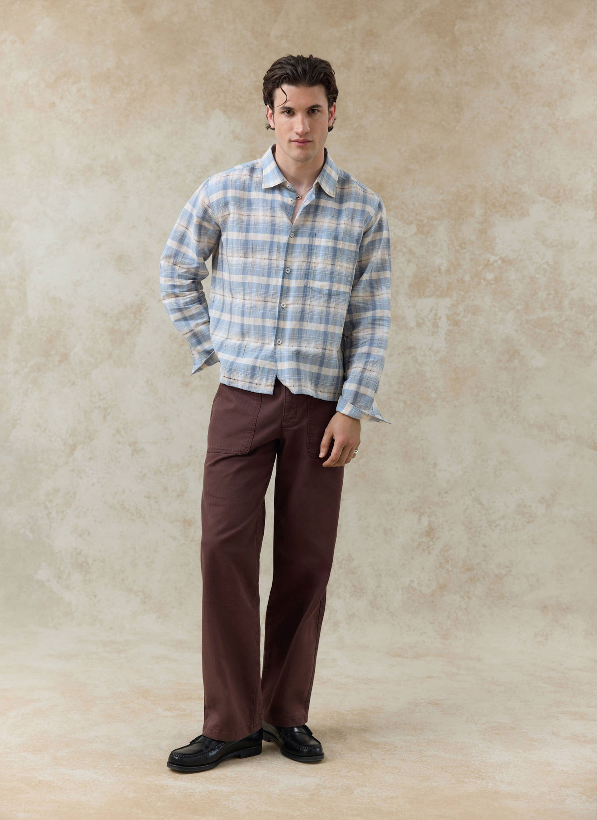 Men's Check Shirt - Jesse - Linen Blend - Light Blue | Percival Best Price