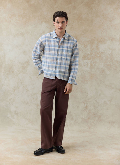 Men's Check Shirt - Jesse - Linen Blend - Light Blue | Percival Best Price