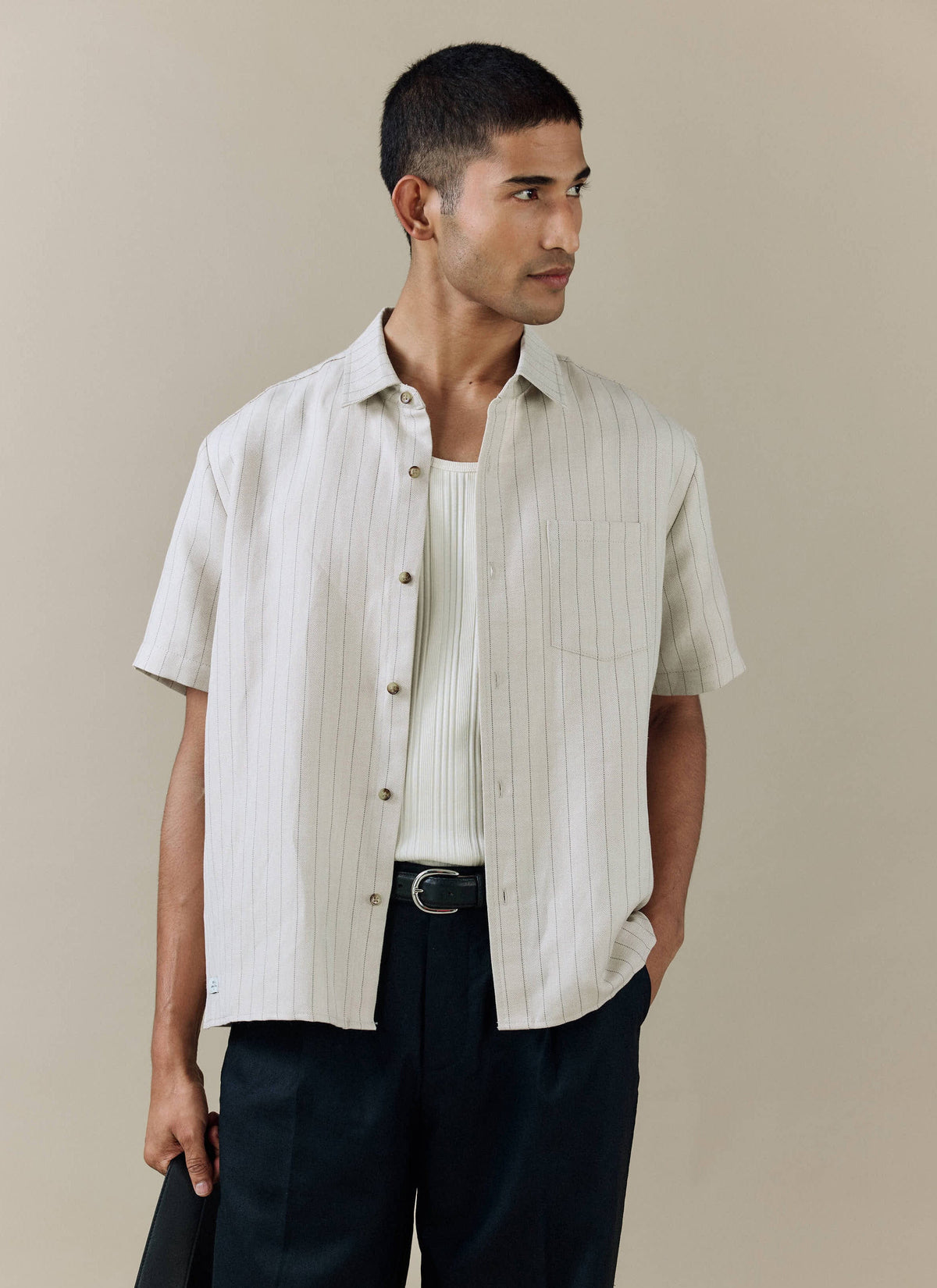 Men's Boxy Short Sleeve Shirt - Linen Blend - Cream | Percival Essential