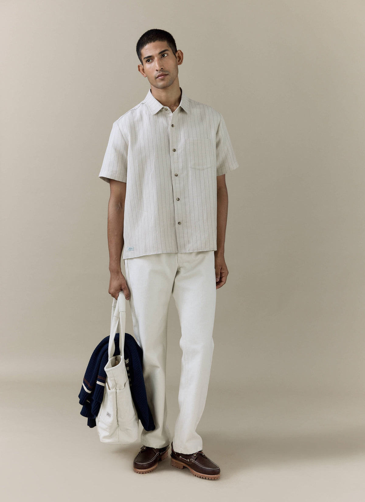 Men's Boxy Short Sleeve Shirt - Linen Blend - Cream | Percival Essential