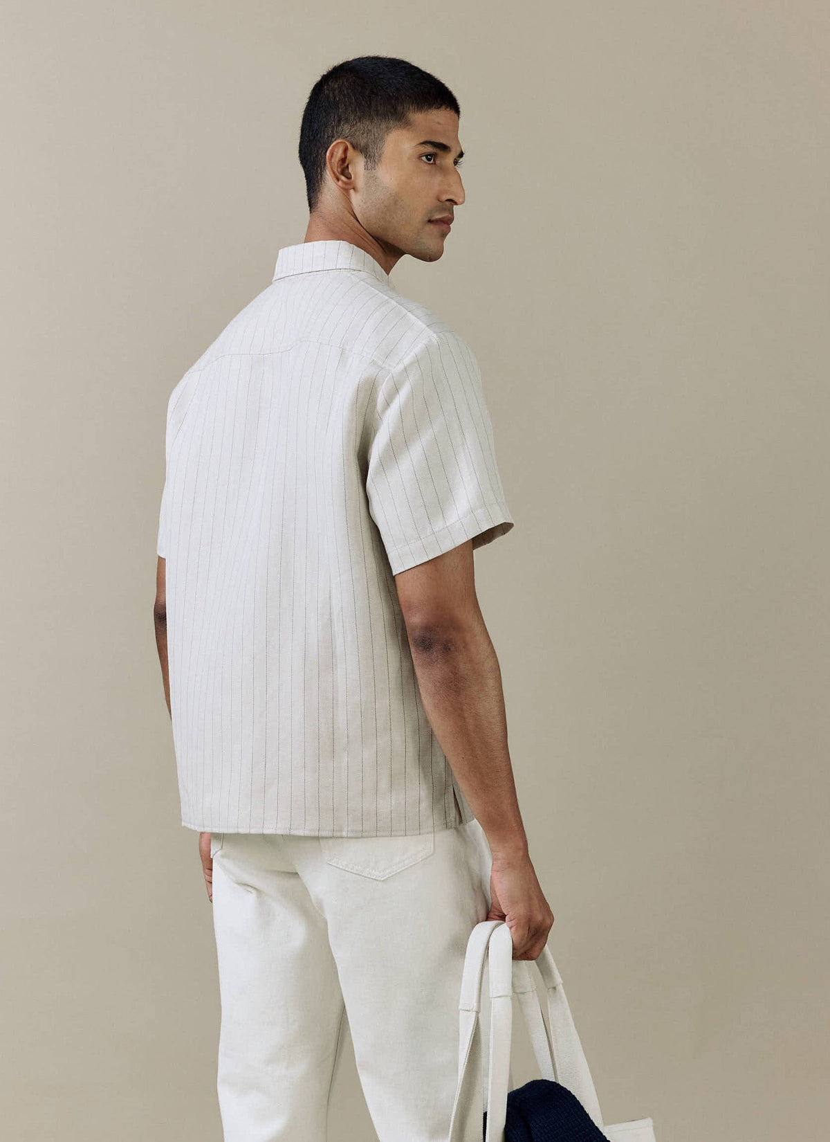 Men's Boxy Short Sleeve Shirt - Linen Blend - Cream | Percival Essential