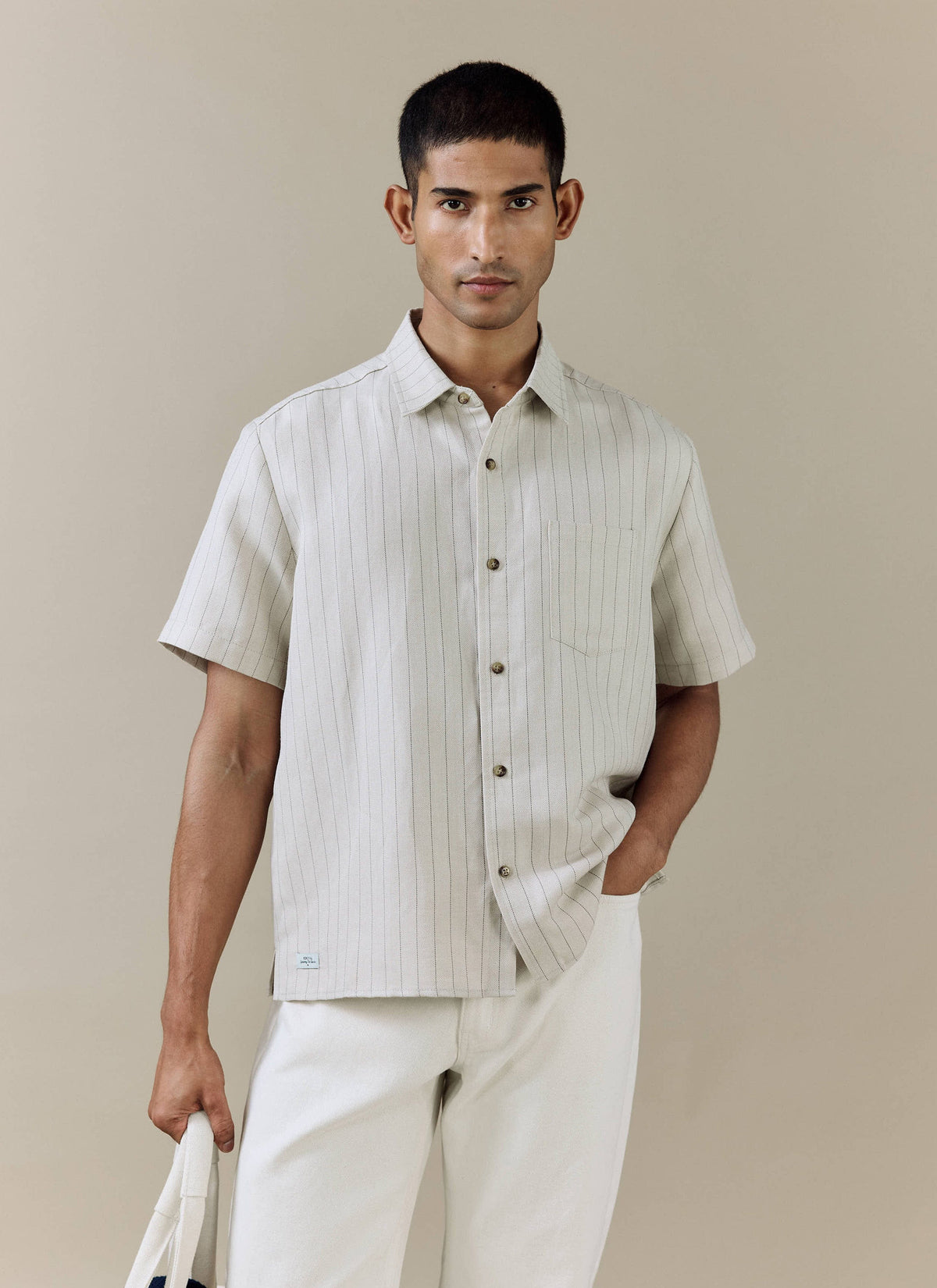 Men's Boxy Short Sleeve Shirt - Linen Blend - Cream | Percival Essential