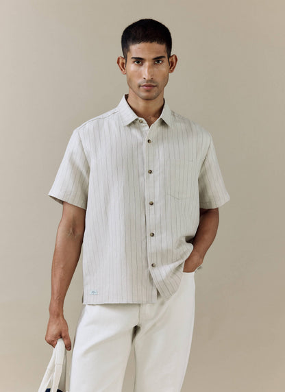 Men's Boxy Short Sleeve Shirt - Linen Blend - Cream | Percival Essential