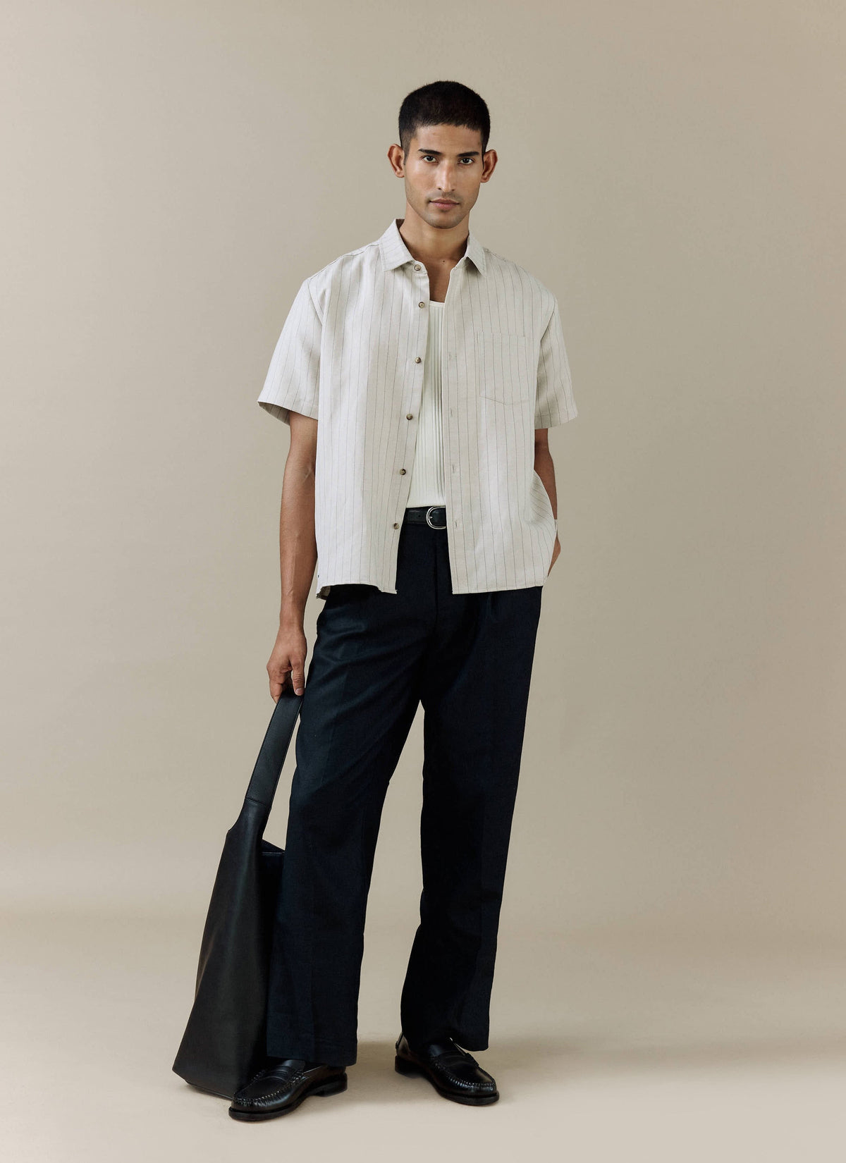 Men's Boxy Short Sleeve Shirt - Linen Blend - Cream | Percival Essential
