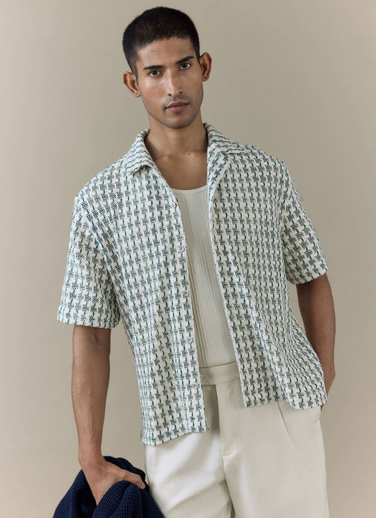 Men's Short Sleeve Crochet Shirt - Cotton - Green | Percival Quality