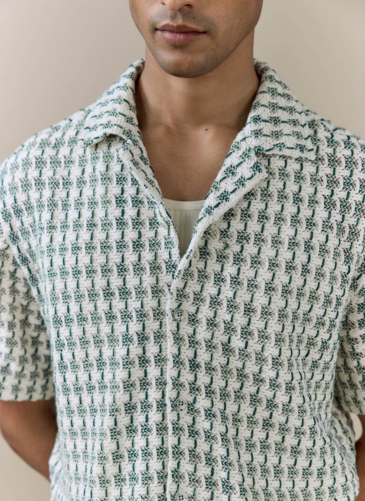 Men's Short Sleeve Crochet Shirt - Cotton - Green | Percival Quality
