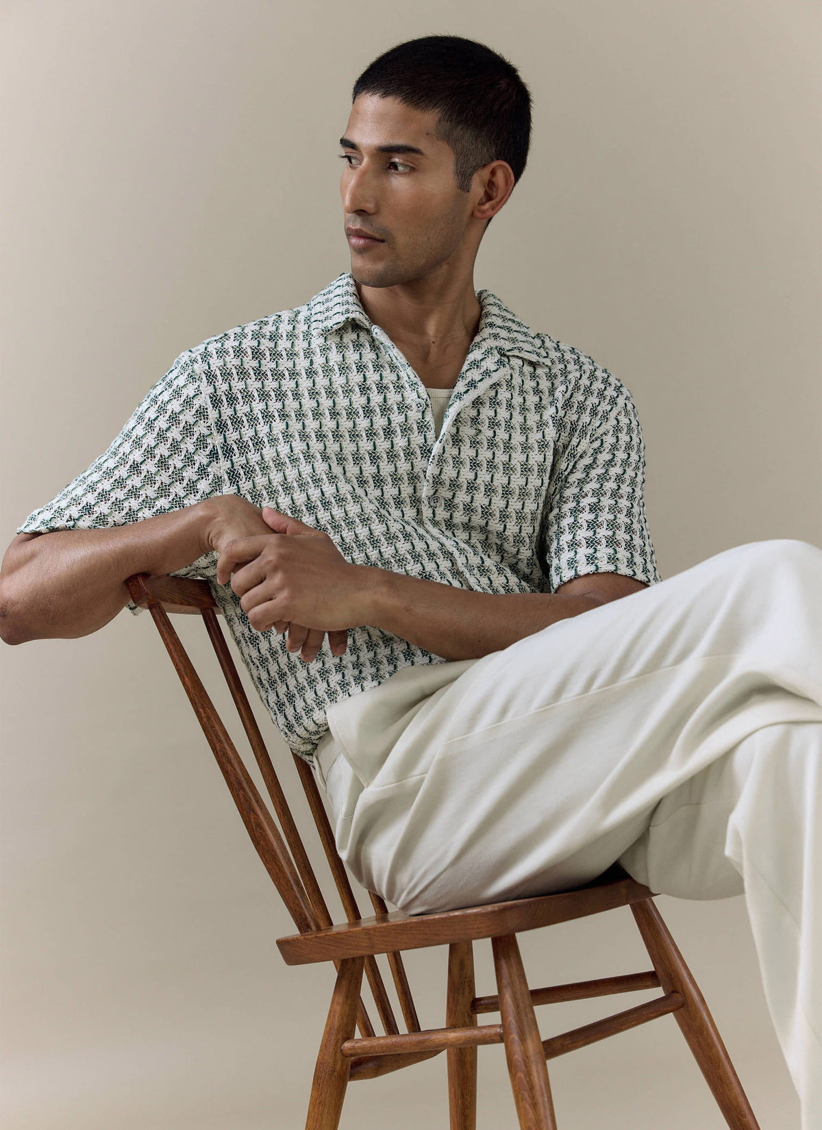 Men's Short Sleeve Crochet Shirt - Cotton - Green | Percival Quality