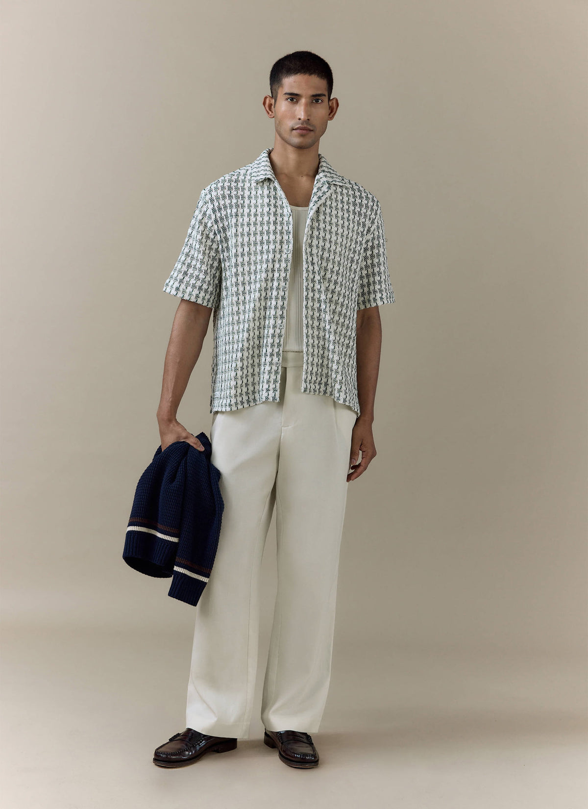 Men's Short Sleeve Crochet Shirt - Cotton - Green | Percival Quality