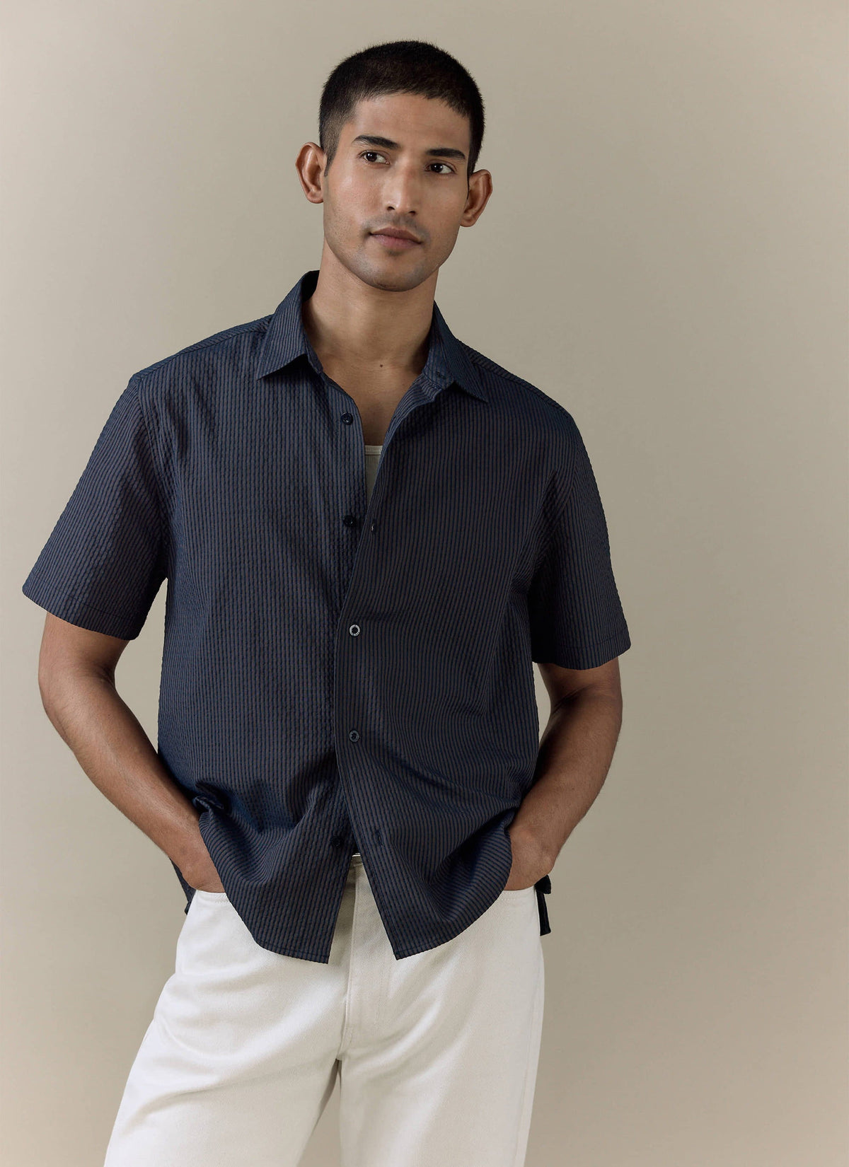 Men's Seersucker Boxy Shirt - Cotton - Navy Stripe | Percival Featured