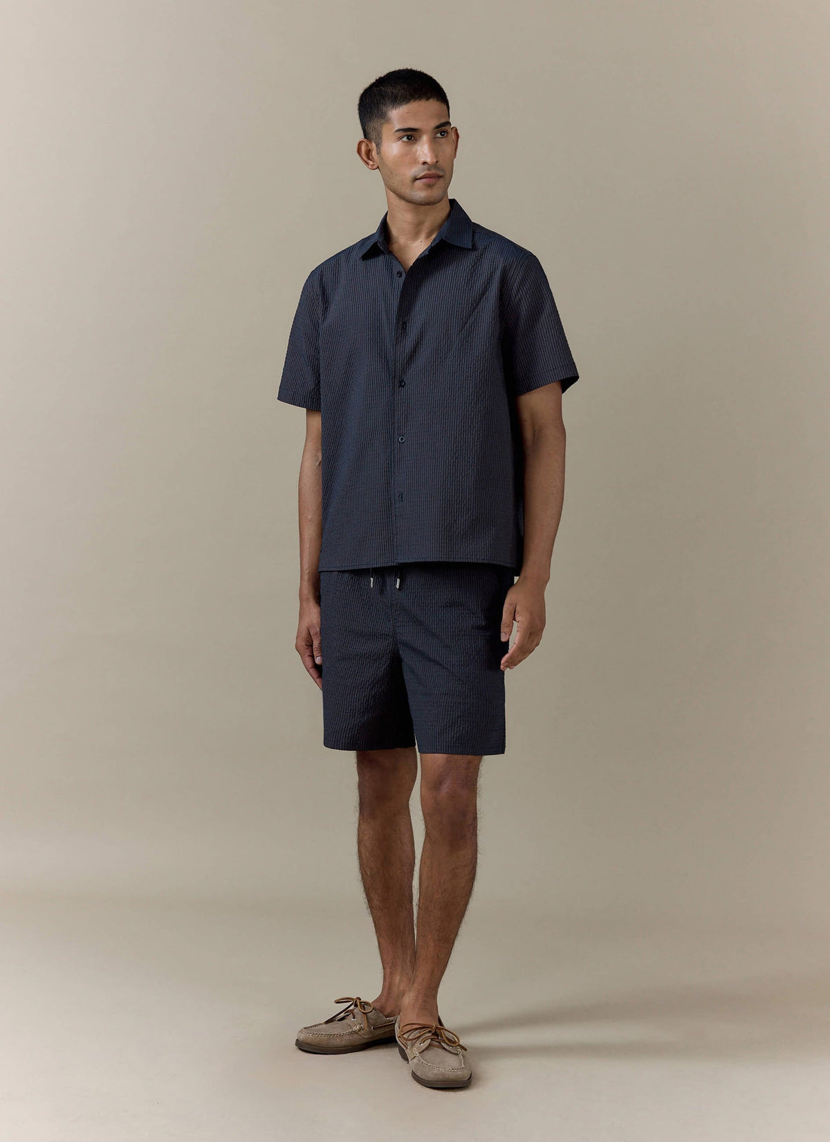 Men's Seersucker Boxy Shirt - Cotton - Navy Stripe | Percival Featured