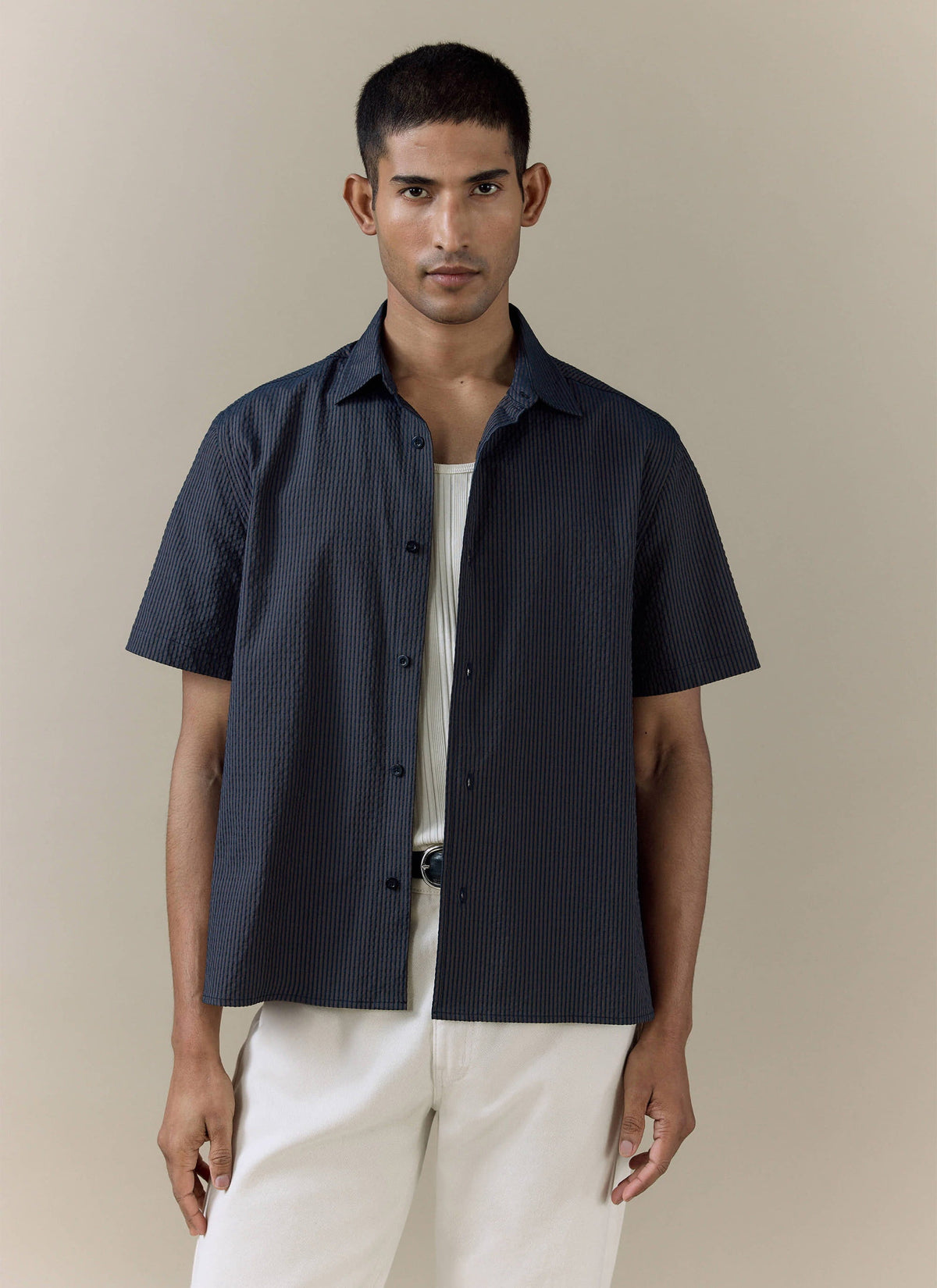 Men's Seersucker Boxy Shirt - Cotton - Navy Stripe | Percival Featured