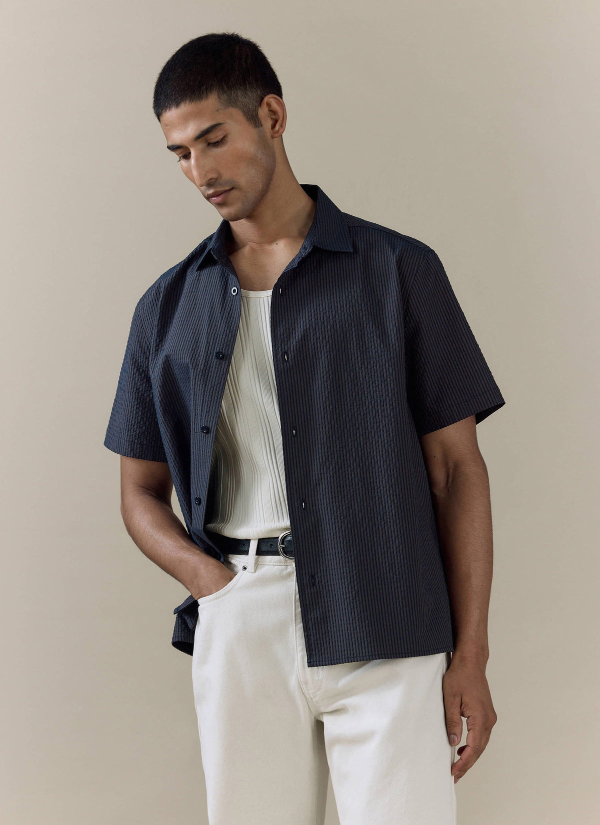 Men's Seersucker Boxy Shirt - Cotton - Navy Stripe | Percival Featured
